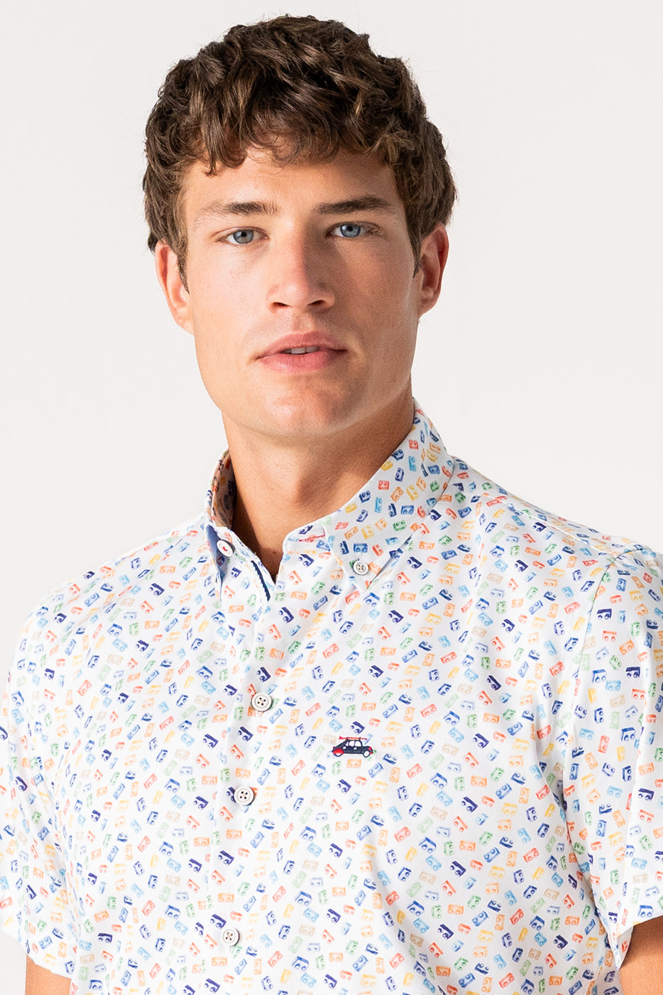 Camisa estampada hombre manga corta bloques multicolor