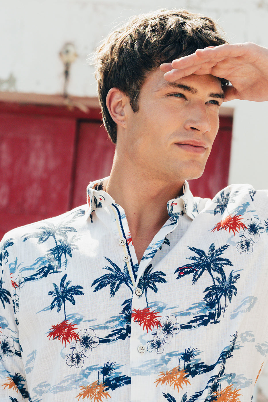 Camisa estampado tropical aspecto lino hombre