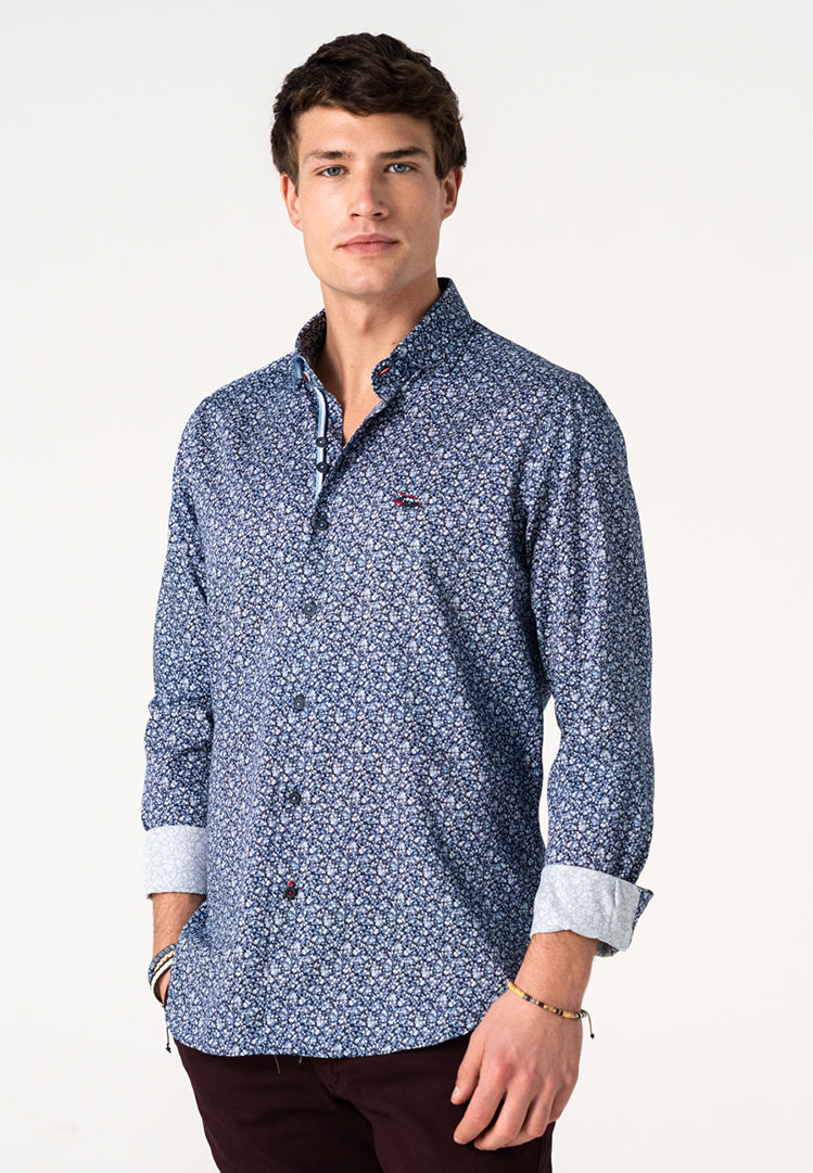 Camisa floreada masculina azul marino