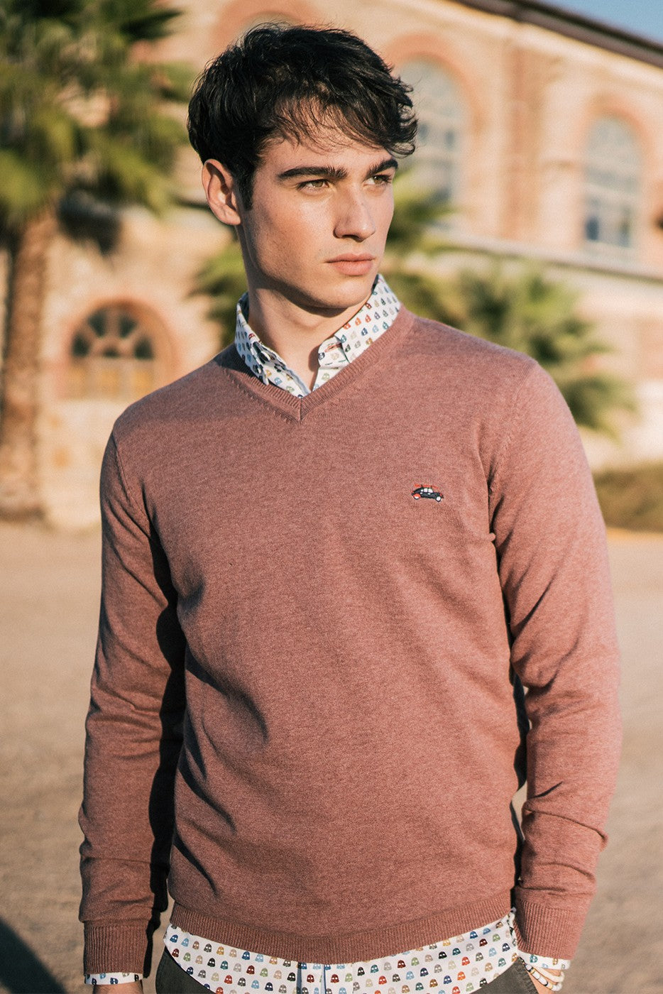 Jersey punto de cuello pico color teja