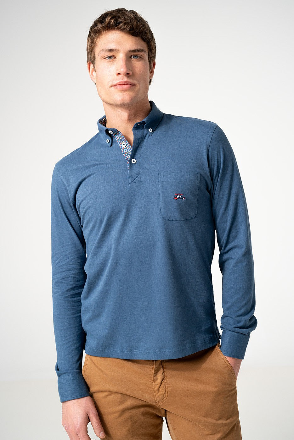 Polo hombre de punto manga larga con bolsillo azul