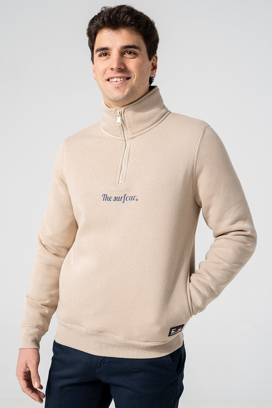 Sudadera hombre cuello cremallera beige