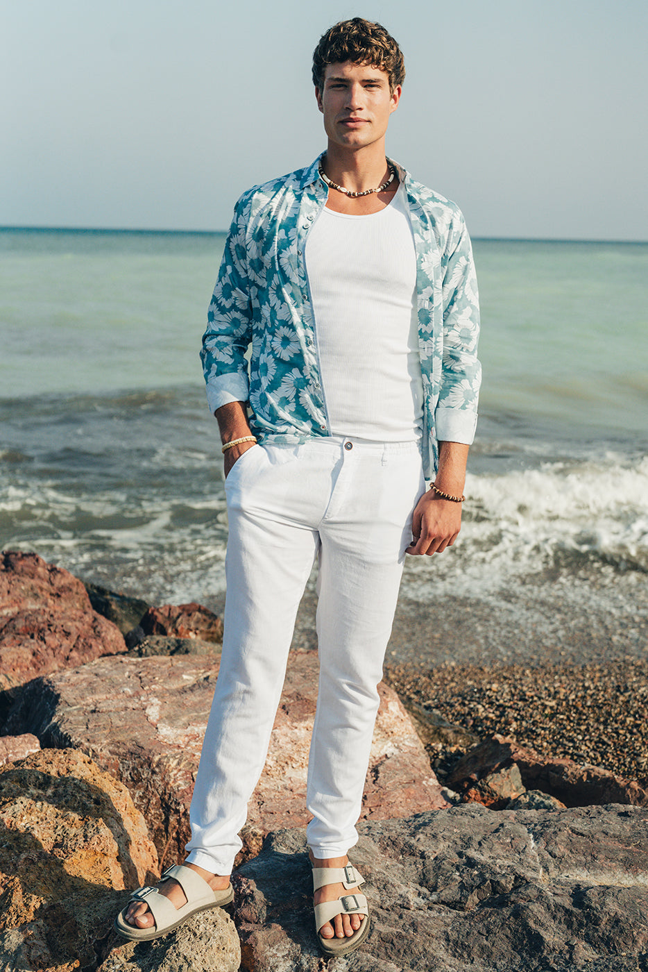 Pantalón hombre mezcla lino blanco