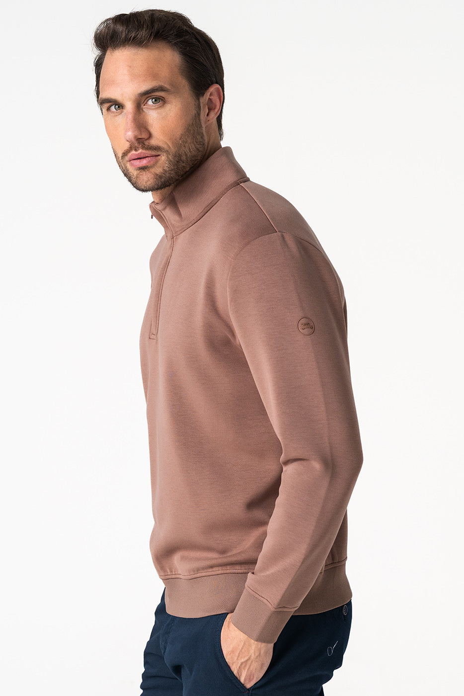 Jersey técnico marrón claro de punto fino con cremallera